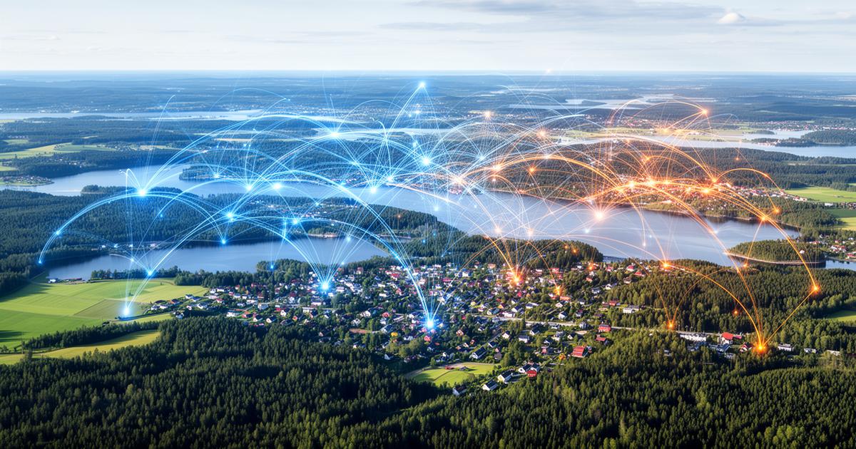 Flygvy över Mälardalen med digitala nätverksanslutningar mellan städer