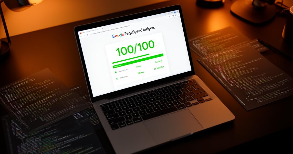 Laptop som visar 100/100 PageSpeed Insights resultat med kod i bakgrunden